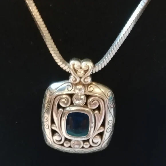Brighton Blue Stone Scroll Pendant Necklace Silver Tone Snake Chain Elegant - Picture 4 of 12